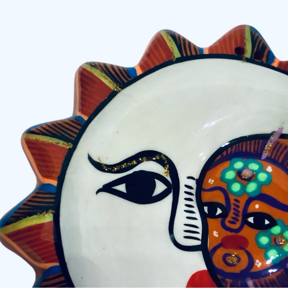 Hand-Painted Mexican Talavera Sun & Moon Eclipse Wall Hanging – Folk Art Plaque - Picture 5 of 7